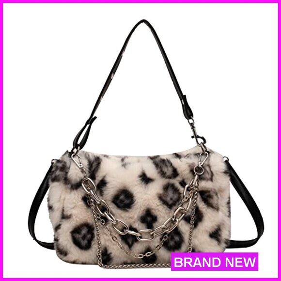 Handbags - Leopard Print Plush Faux Fur Crossbody Bag Tote Hobo Y2K Chain Purse